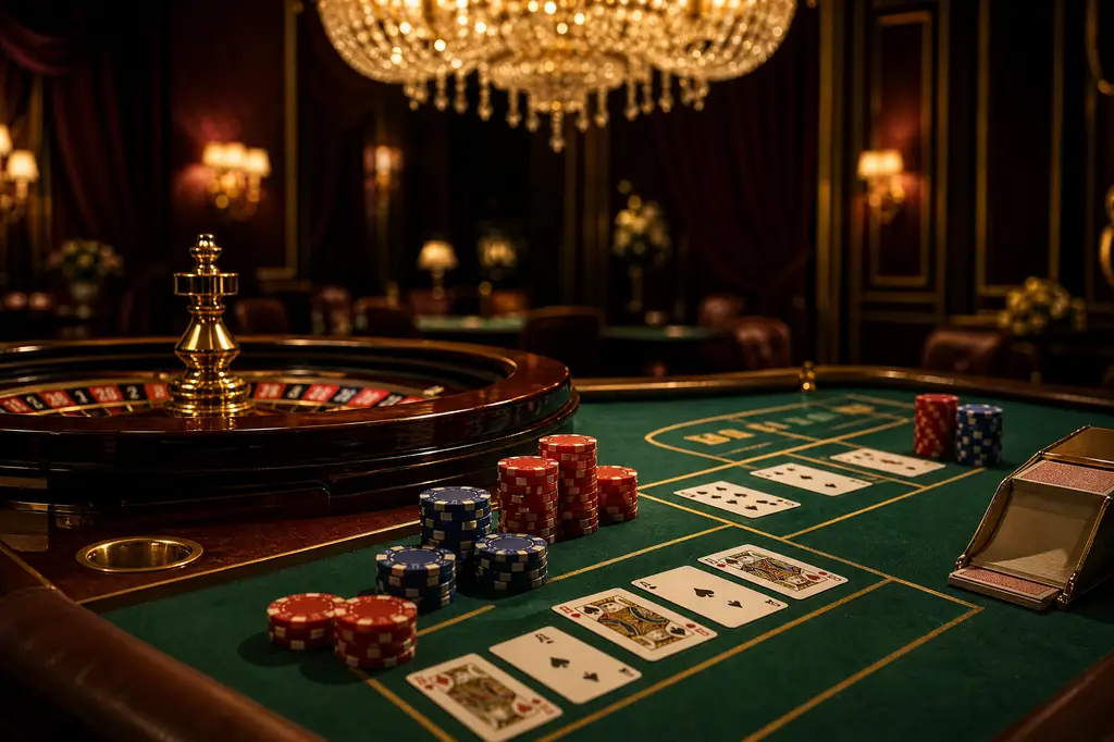 Ilustrasi meja live casino dengan roulette dan kartu Dewakoin99