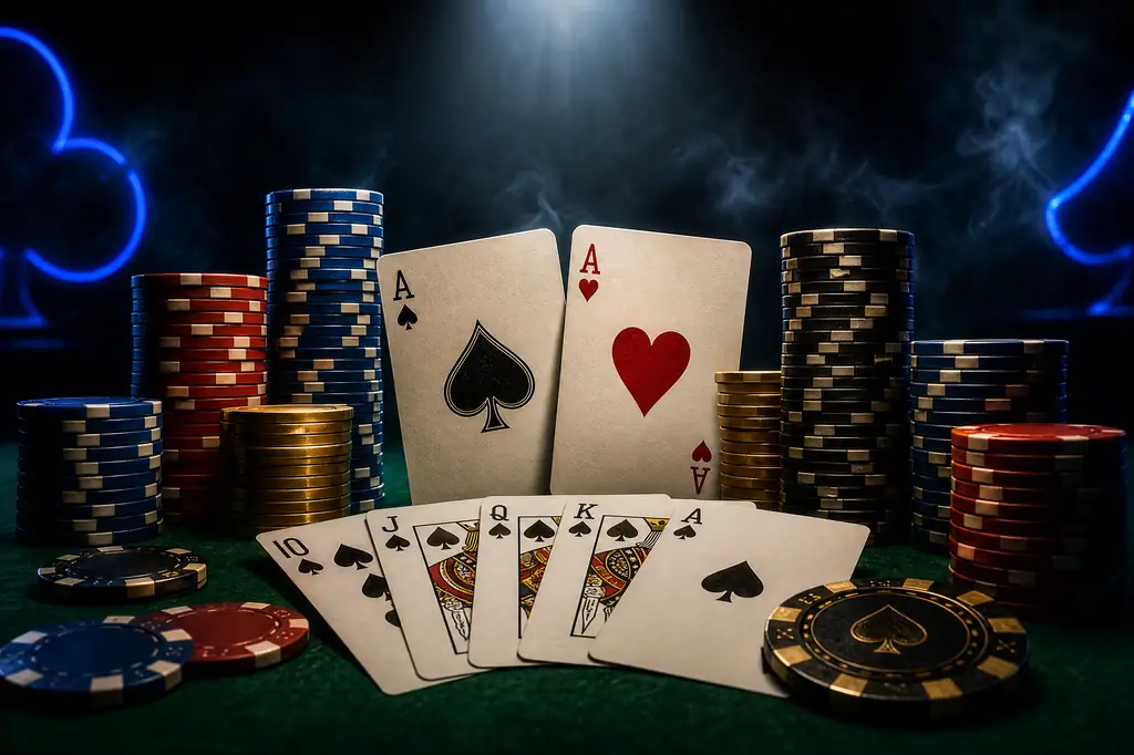 Ilustrasi kartu poker dan chip Dewakoin99