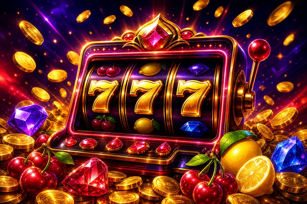 Ilustrasi mesin slot online dengan koin emas Dewakoin99