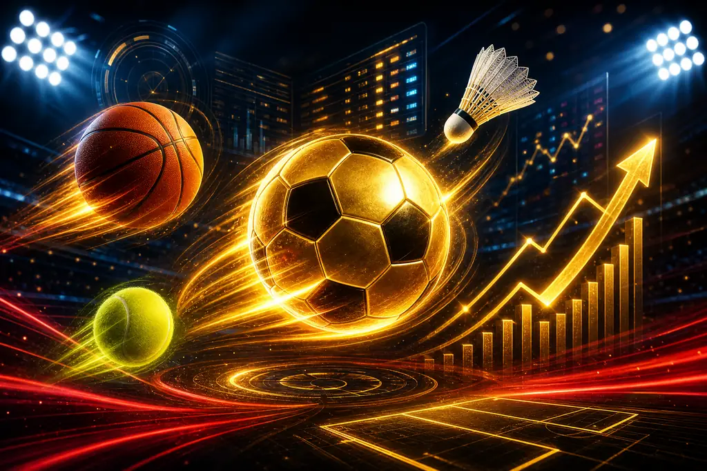 Ilustrasi sportsbook dengan bola emas dan grafik odds Dewakoin99